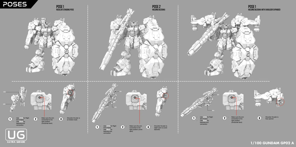 Gundam model kit pose guide with various poses on a gray background