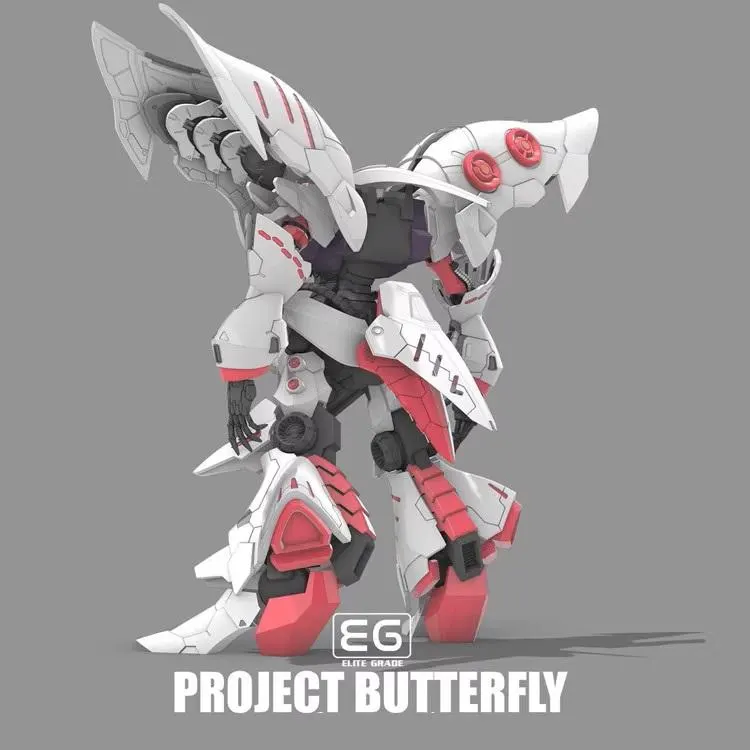 Mechanical butterfly robot model with 'EG' branding on a gray background
