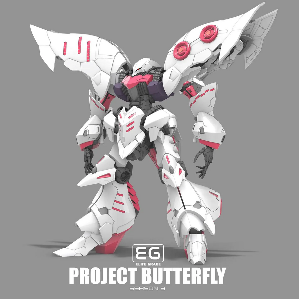 Mechanical robot model with white and red design on a gray background, featuring 'EG Project Butterfly' branding.