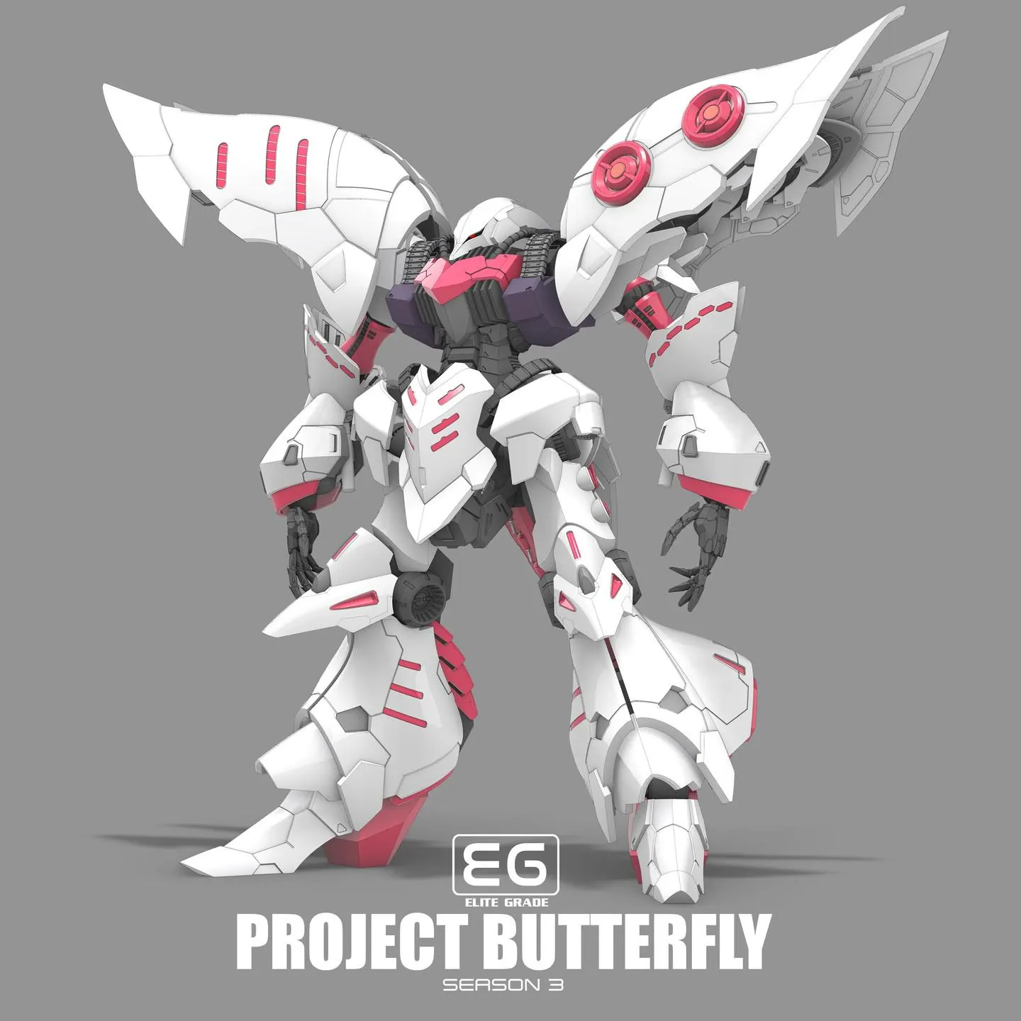 Mechanical robot model with white and red design on a gray background, featuring 'EG Project Butterfly' branding.