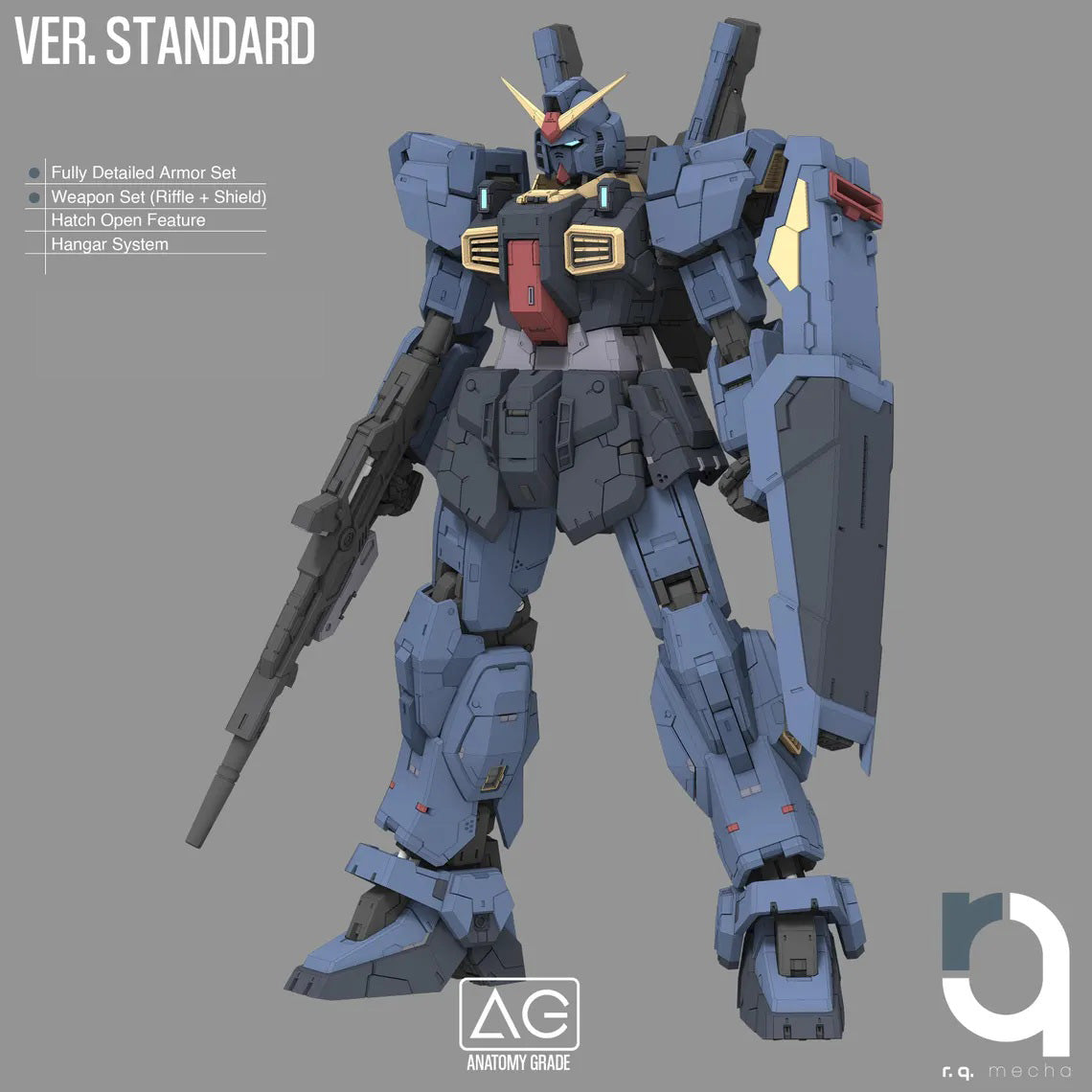 Mechanical robot model with detailed armor set on a gray background