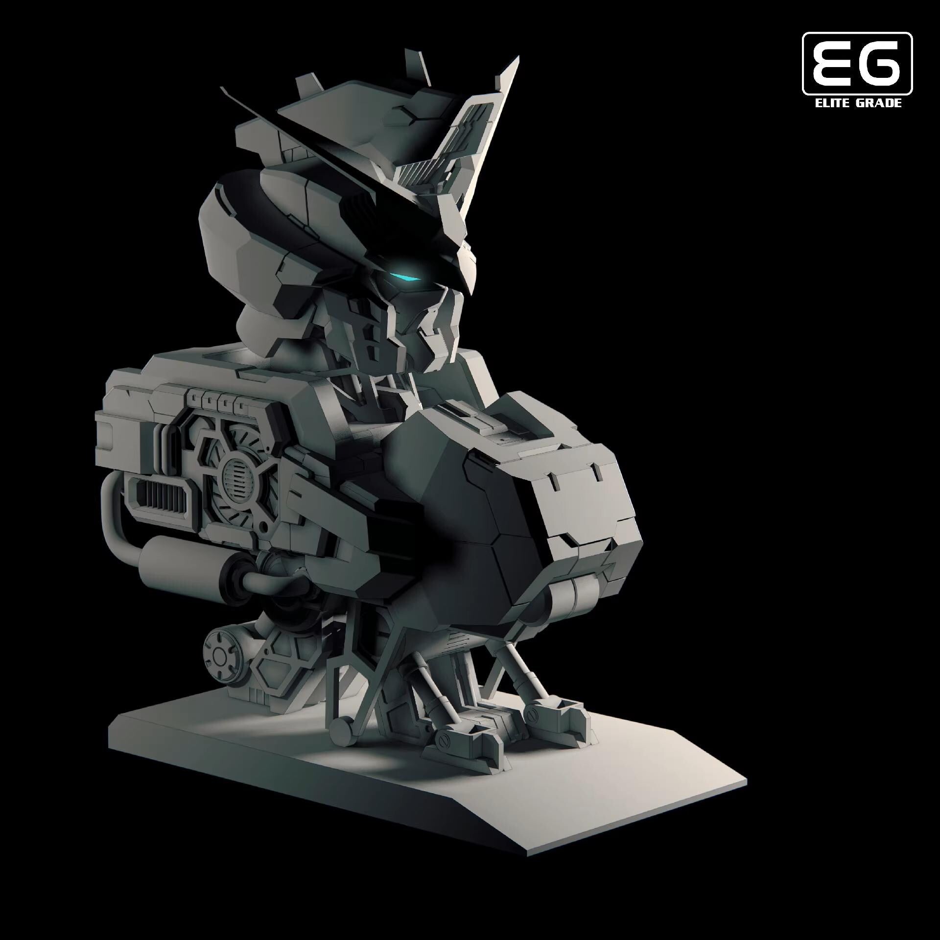 Mechanical figure on a black background with 'EG' logo