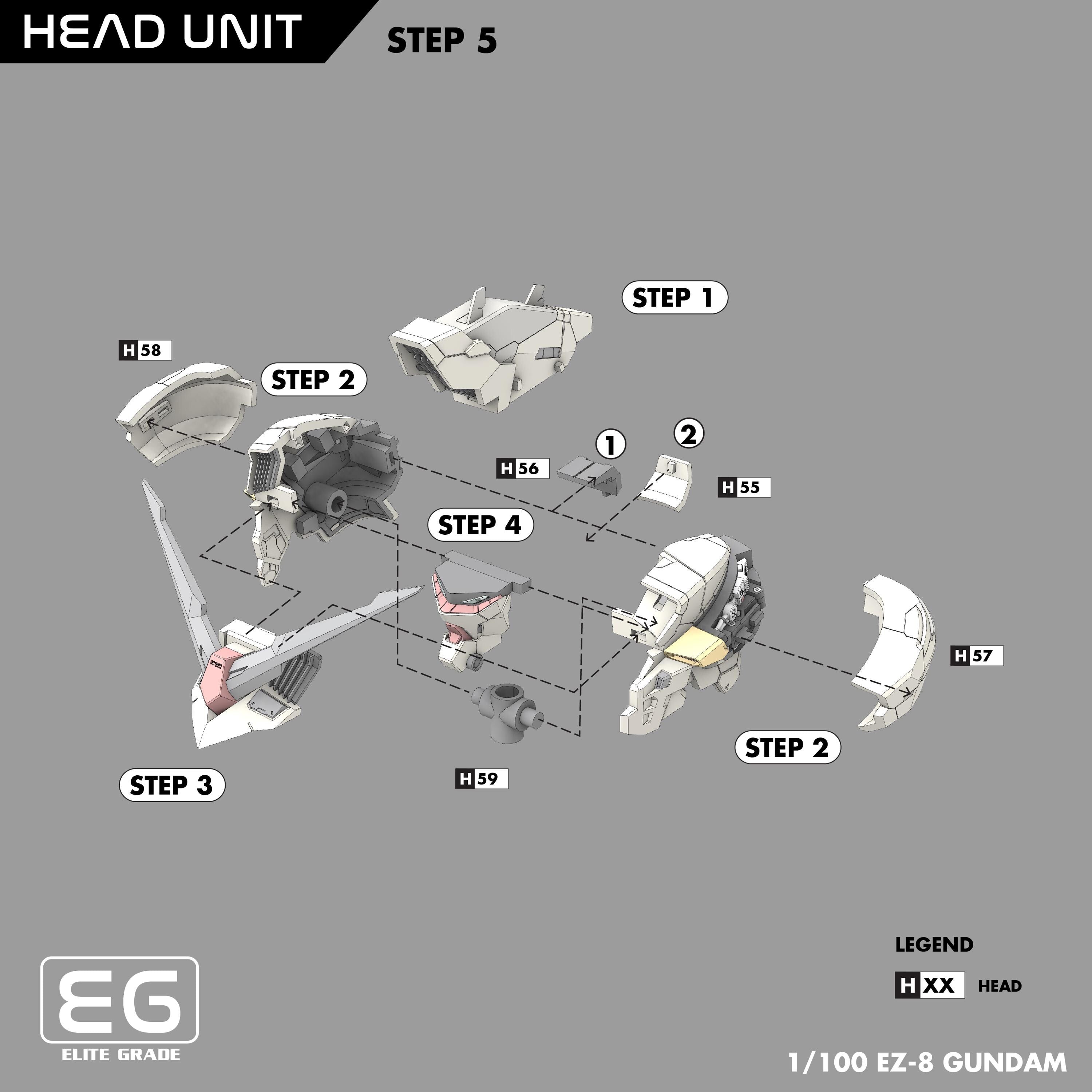Diagram of a Gundam model assembly with labeled steps on a gray background