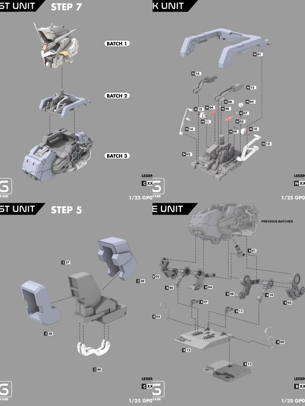 Technical diagram of a robot or mechanical unit with labeled parts and assembly steps on a gray background.
