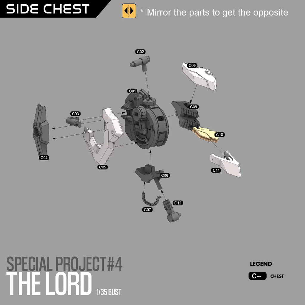 Diagram of mechanical parts labeled 'SIDE CHEST' with instructions to mirror parts for opposite design.