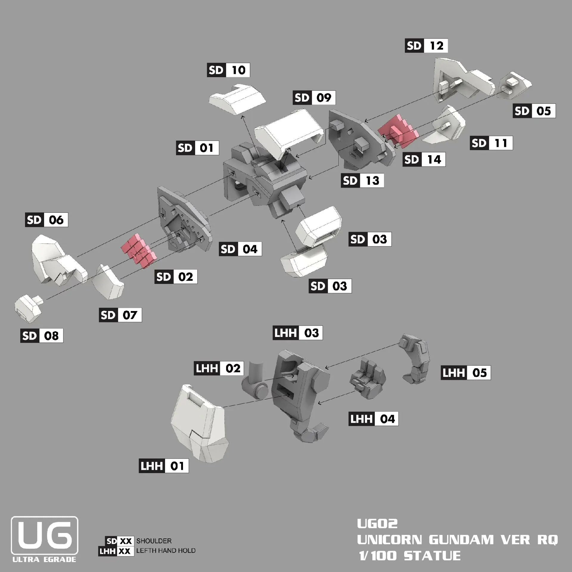 Diagram of a Unicorn Gundam Ver. RO statue assembly on a gray background