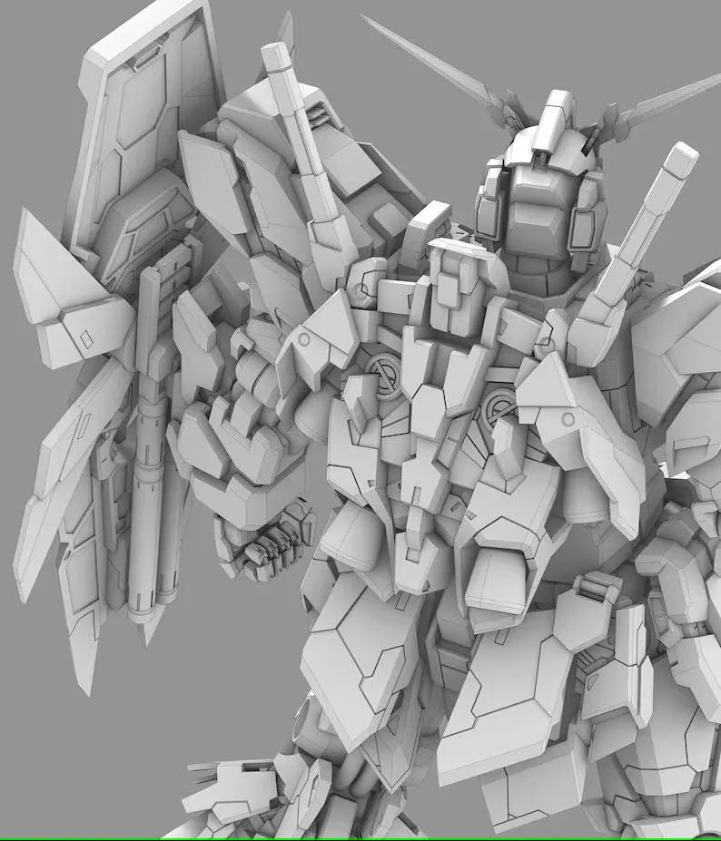 Gray-scale model kit of a robot or mecha on a gray background