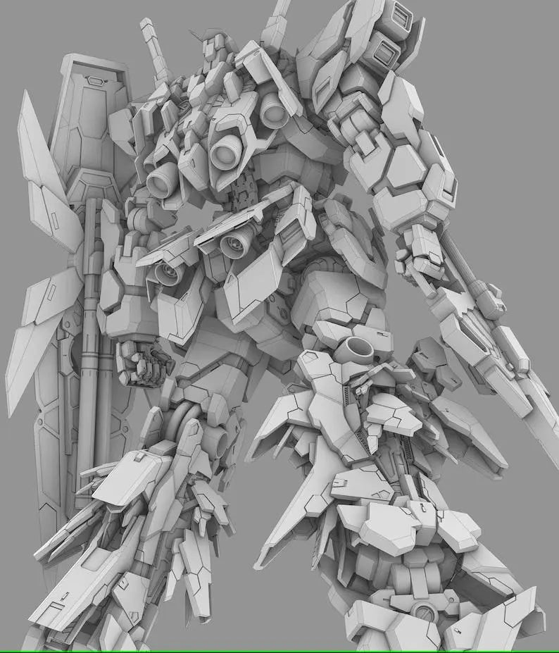 Gray-scale model kit of a robot or mecha on a gray background