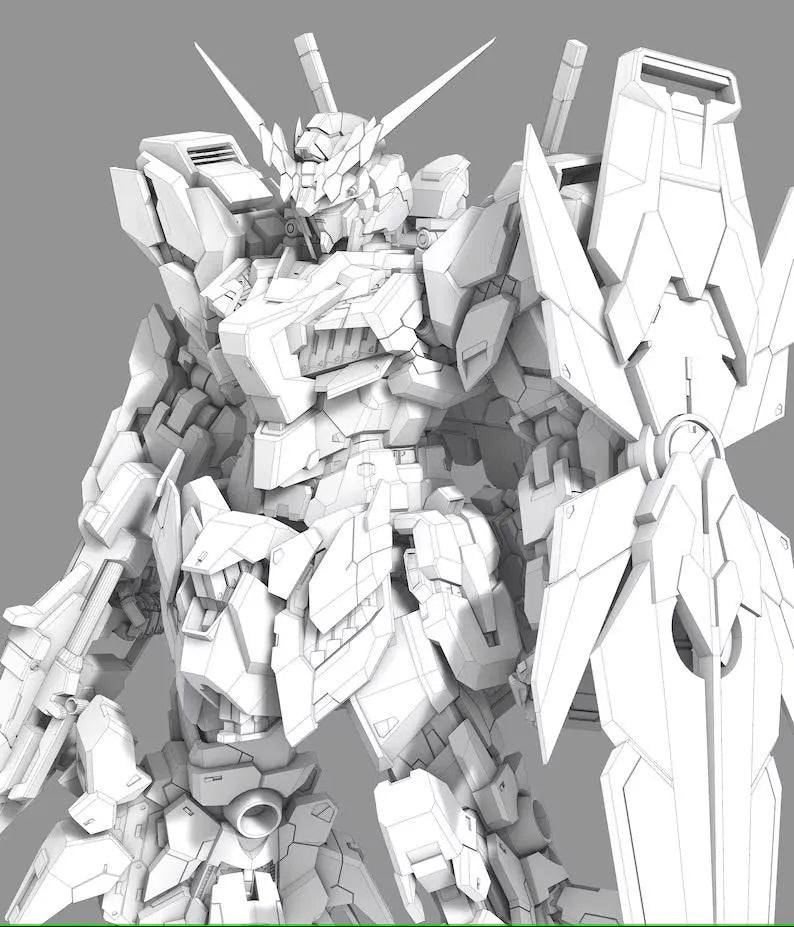 Gray-scale model kit of a robot or mecha on a gray background