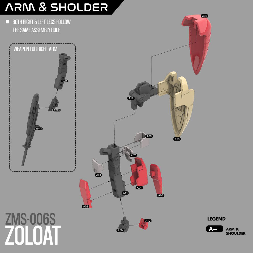 Diagram of ZMS-006S Zoloat model kit parts with labels on a gray background.