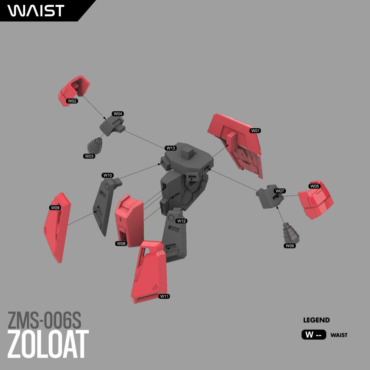 Mechanical parts of a robot model with labeled components on a gray background, featuring the brand 'WAIST'.