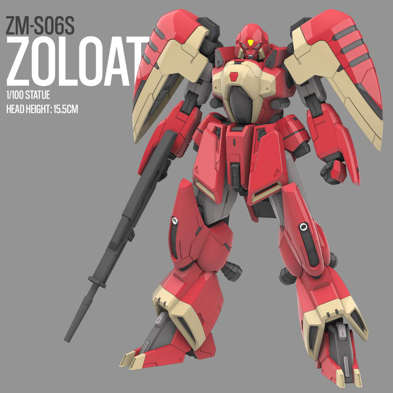 Red and beige robot model with detailed design on a gray background