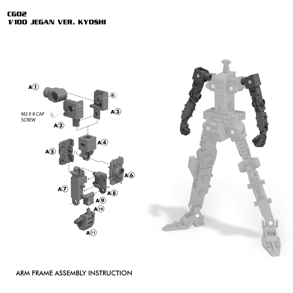 Arm frame assembly instruction for a model kit with parts labeled on a white background