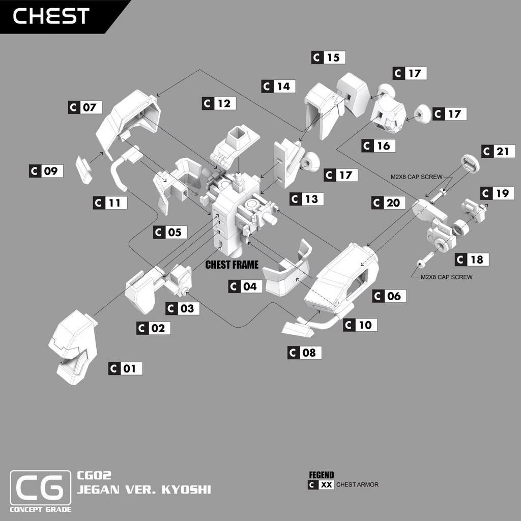 Diagram of a chest armor assembly with labeled parts on a gray background