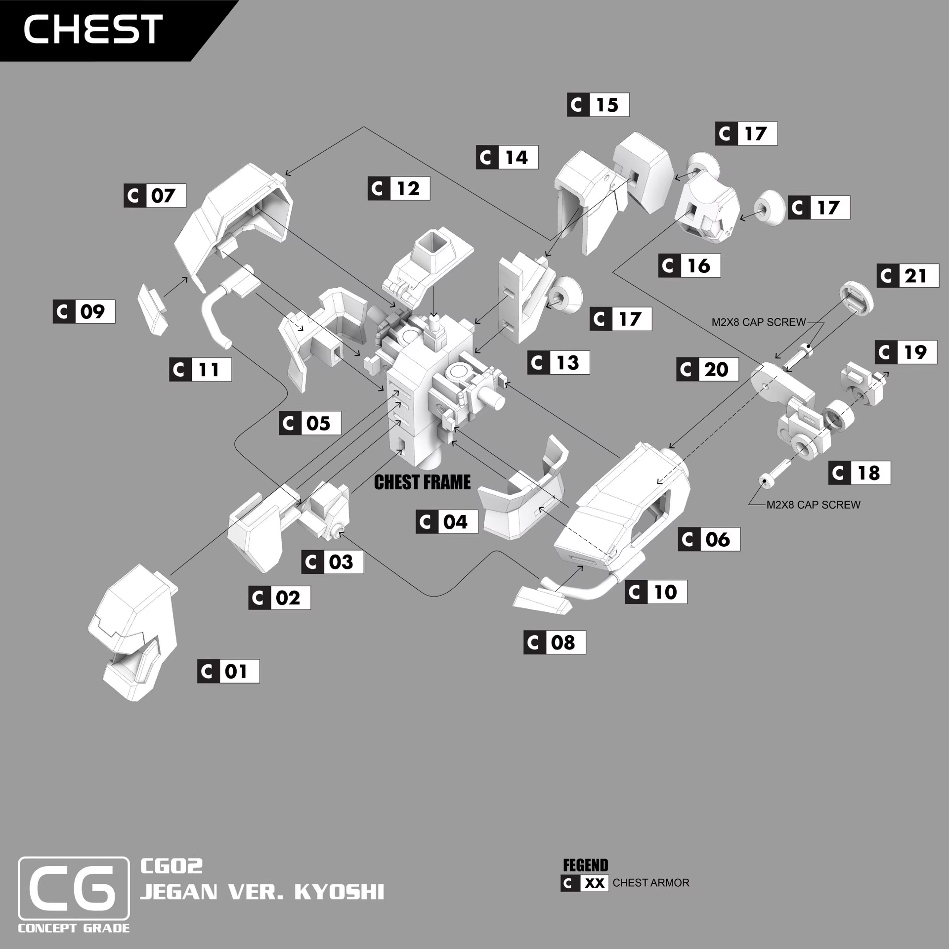 Diagram of a chest armor assembly with labeled parts on a gray background