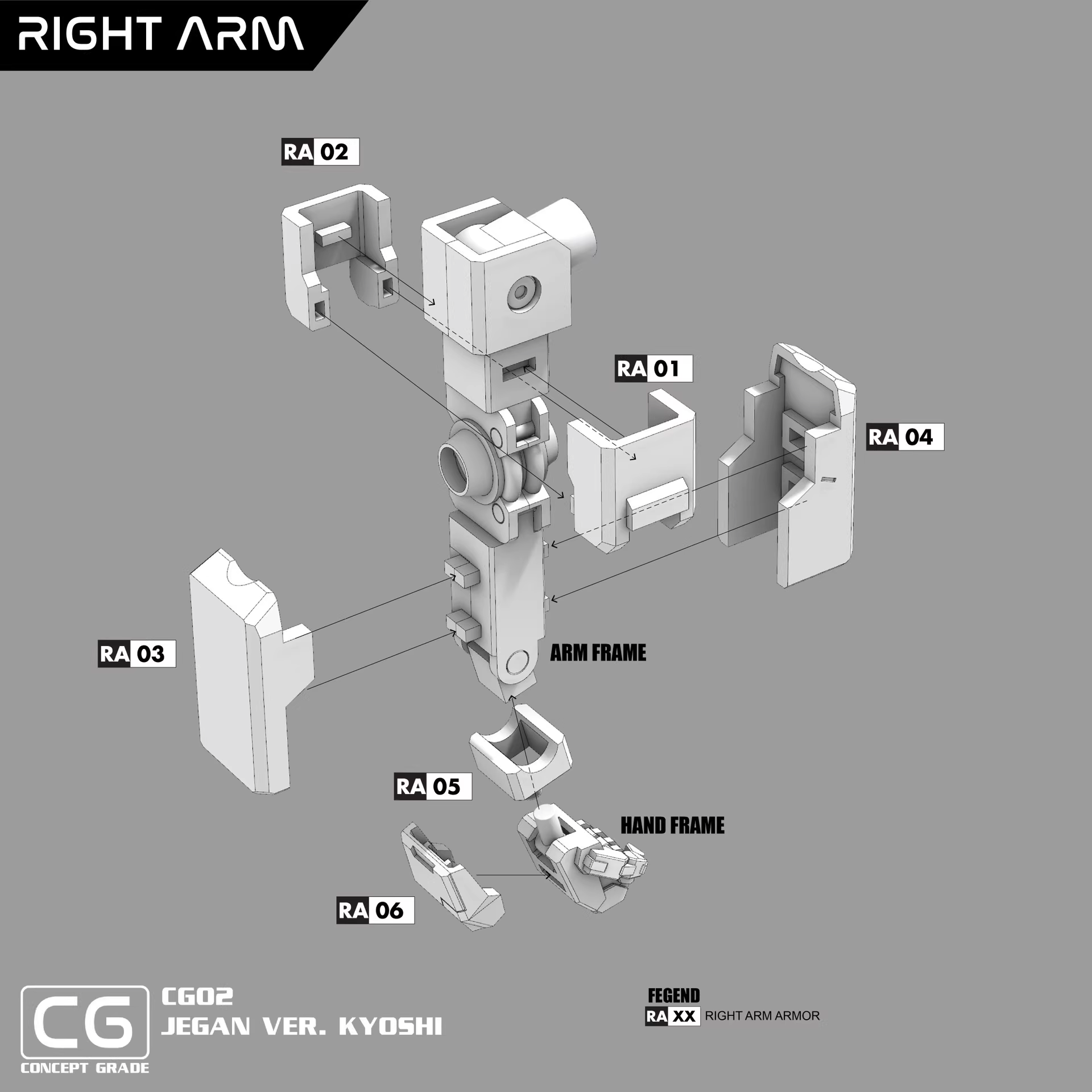 Diagram of a robot arm assembly labeled with parts on a gray background