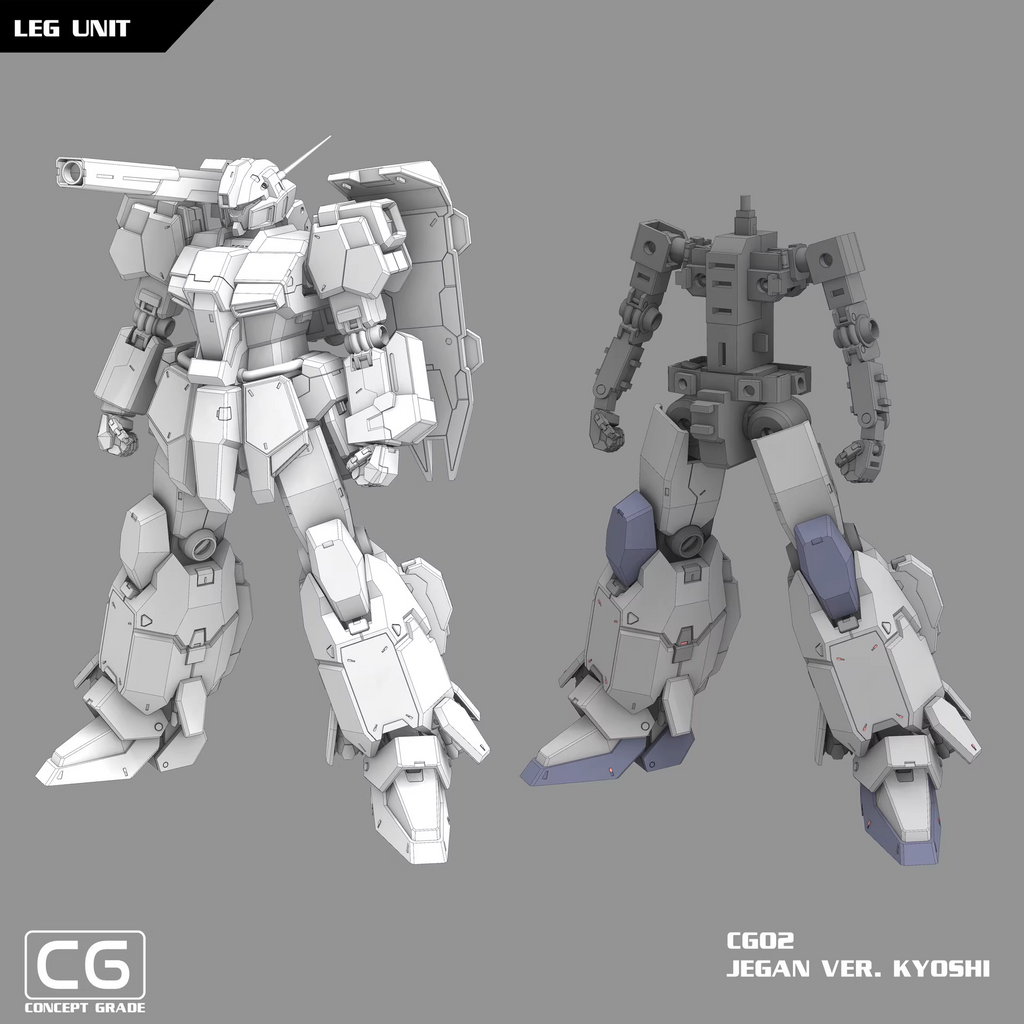 Model kit of a robot with labeled 'LEG UNIT' on a gray background