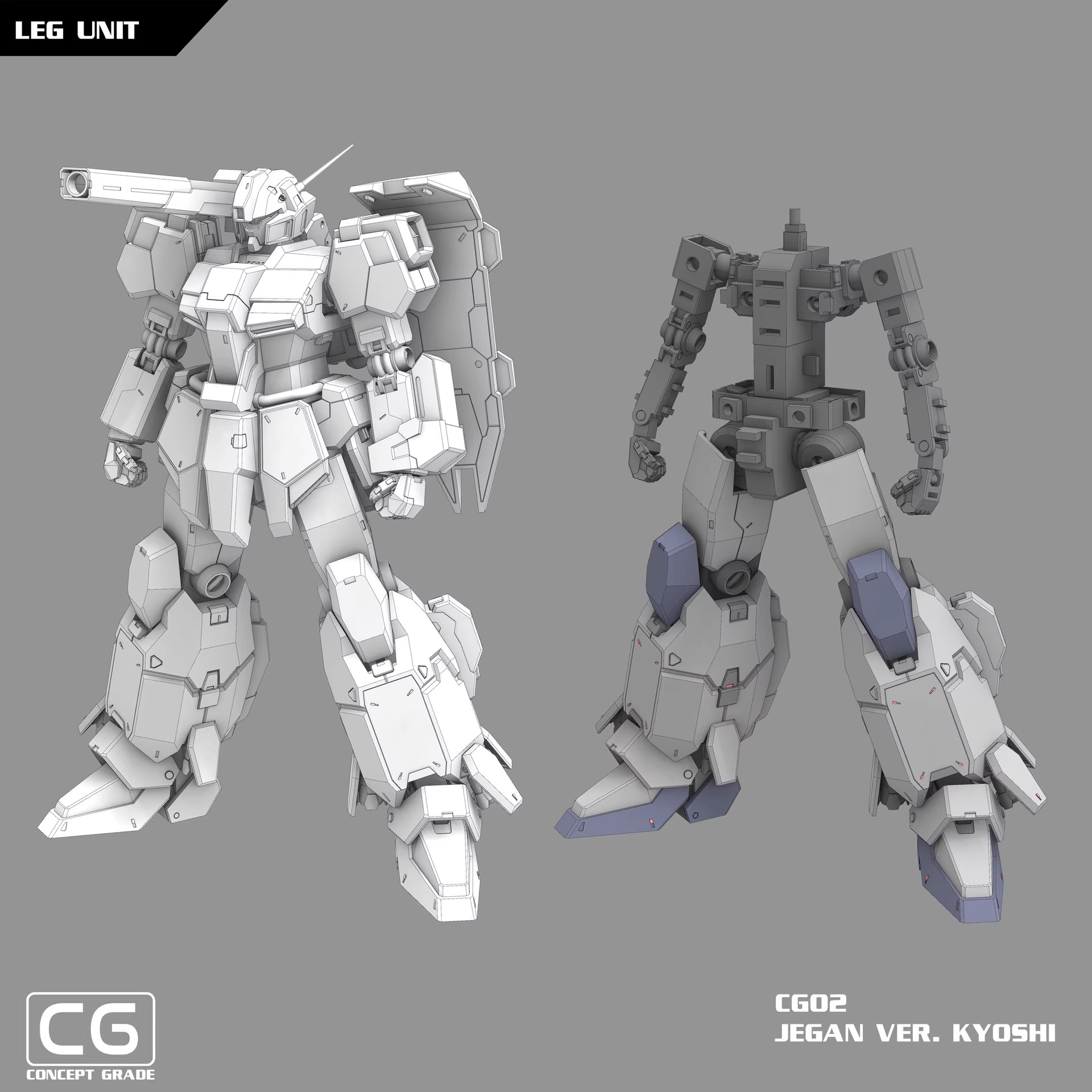 Model kit of a robot with labeled 'LEG UNIT' on a gray background