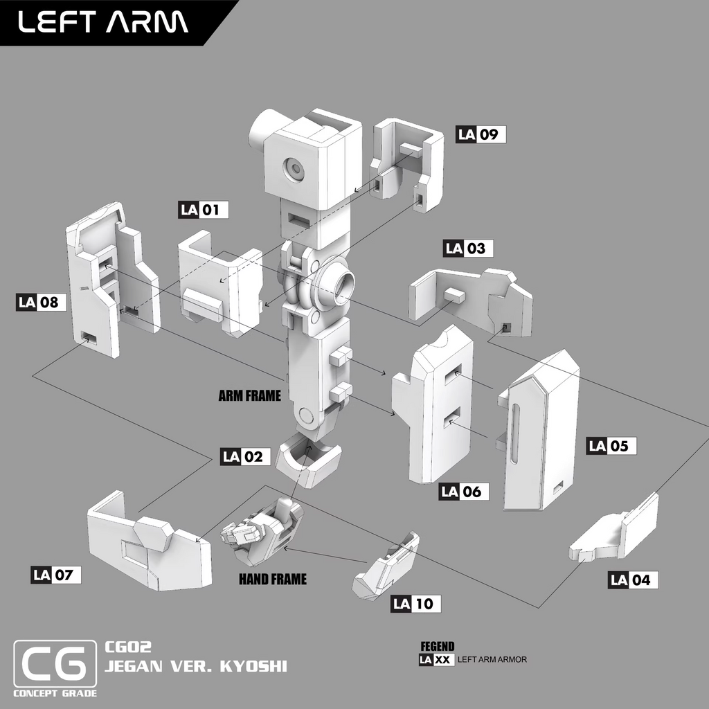 Model kit parts for a left arm assembly on a gray background