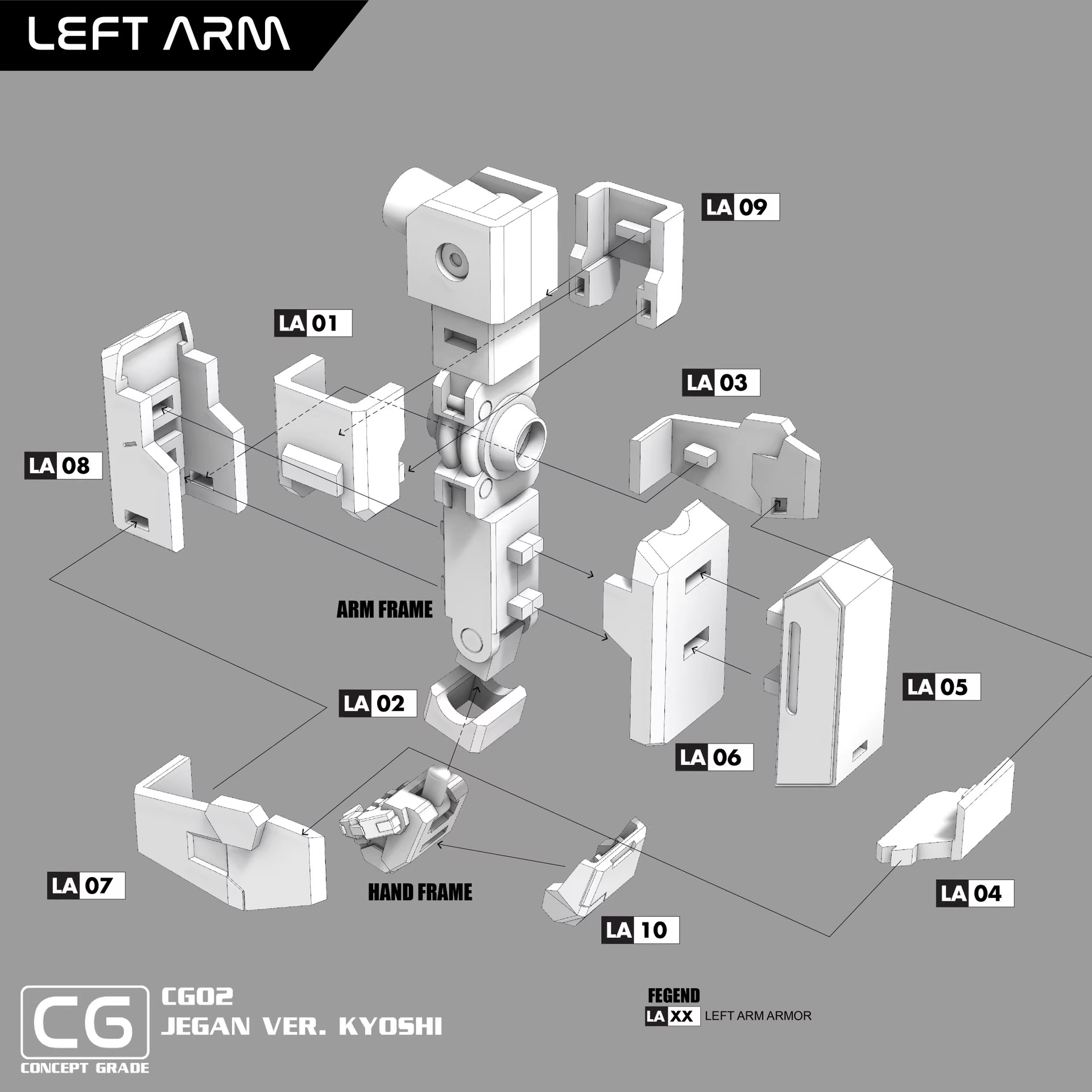 Model kit parts for a left arm assembly on a gray background