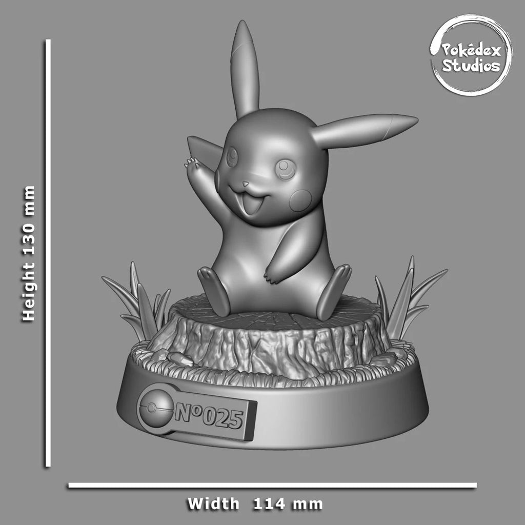 Gray 3D-printed model of a character on a base with measurements and 'Pokédex Studios' branding.