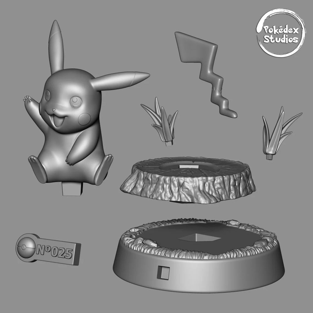 Pokémon Pikachu figure with base and lightning bolt on a gray background, featuring Pokédex Studios logo.