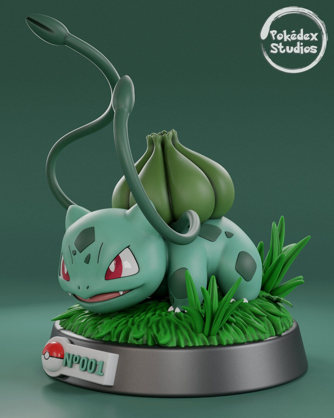 Green animated character figurine with a grassy base on a dark green background, featuring 'Pokédex Studios' logo.