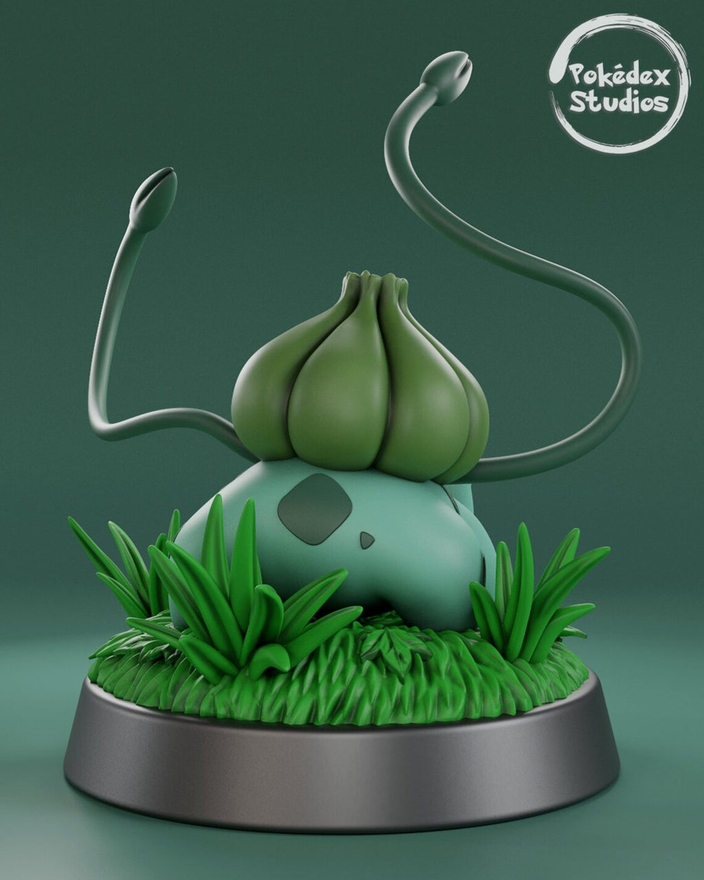 Green creature figurine with long antennas on a grassy base, branded 'Pokédex Studios'.