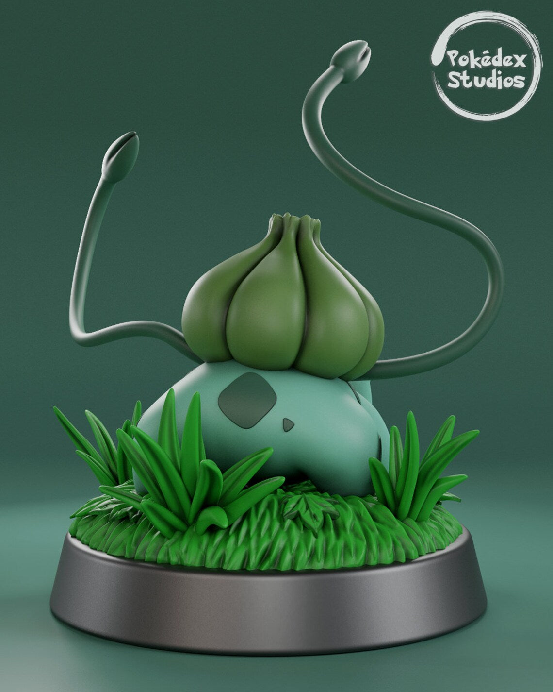 Green creature figurine with long antennas on a grassy base, branded 'Pokédex Studios'.