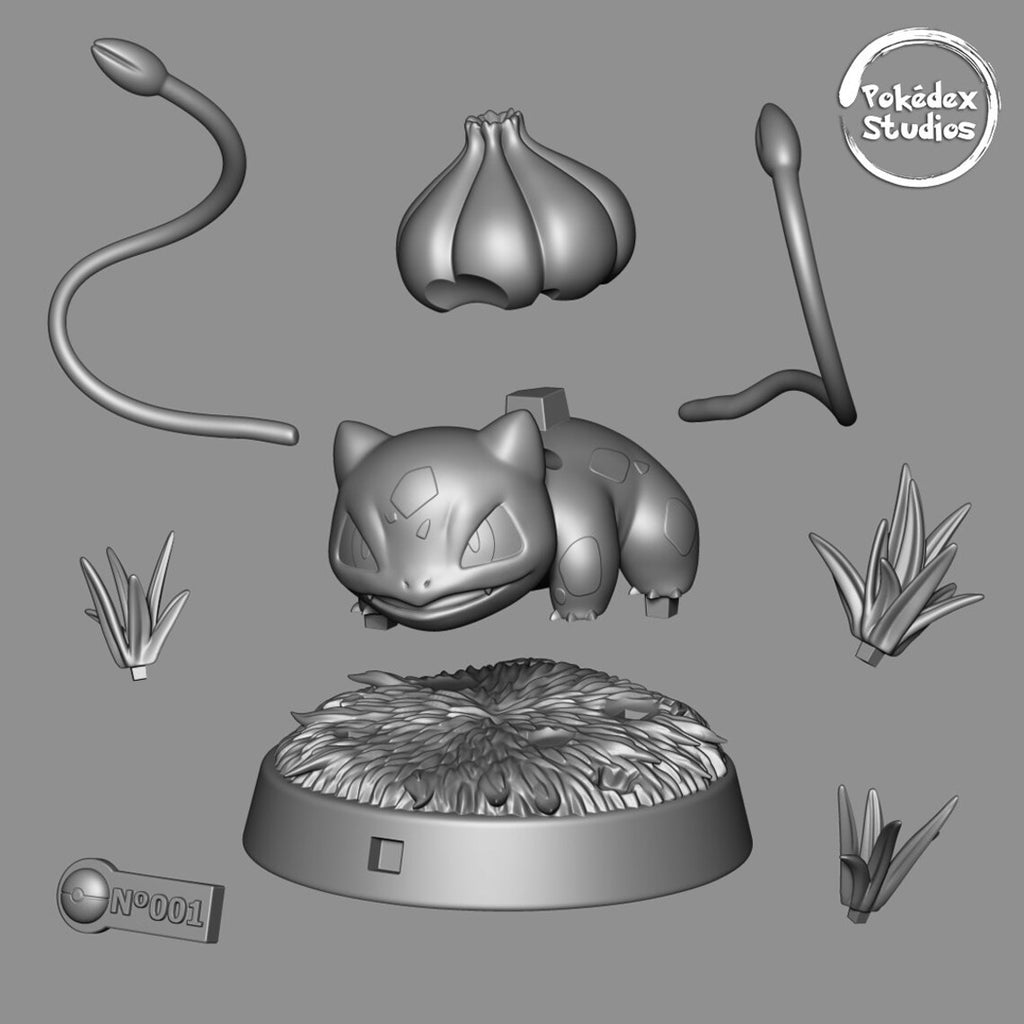 3D printed model components of a Pokémon on a gray background with 'Pokédex Studios' branding.