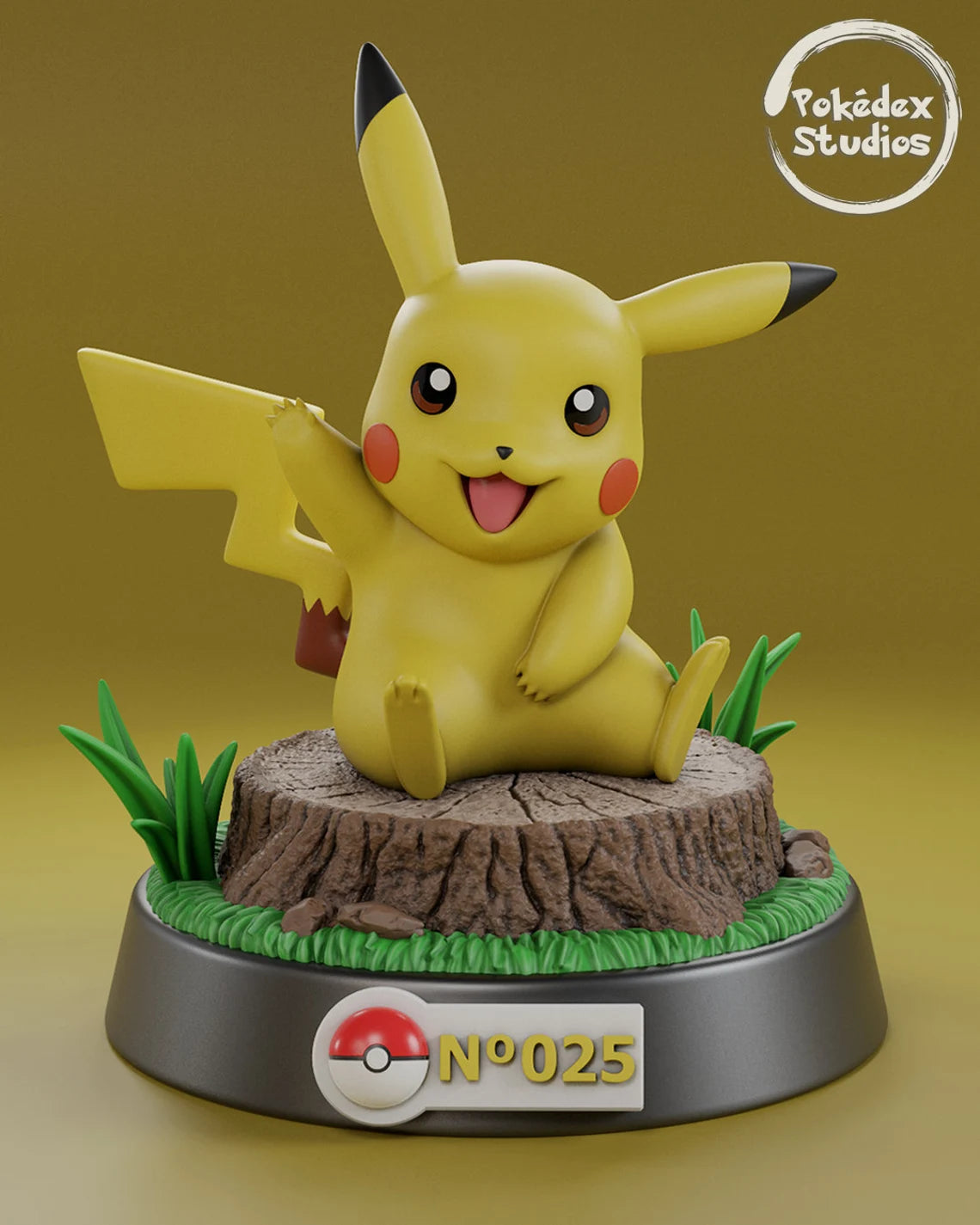 Pikachu figurine on a stump with grass, Poké Ball logo, and number 025 against a yellow background.