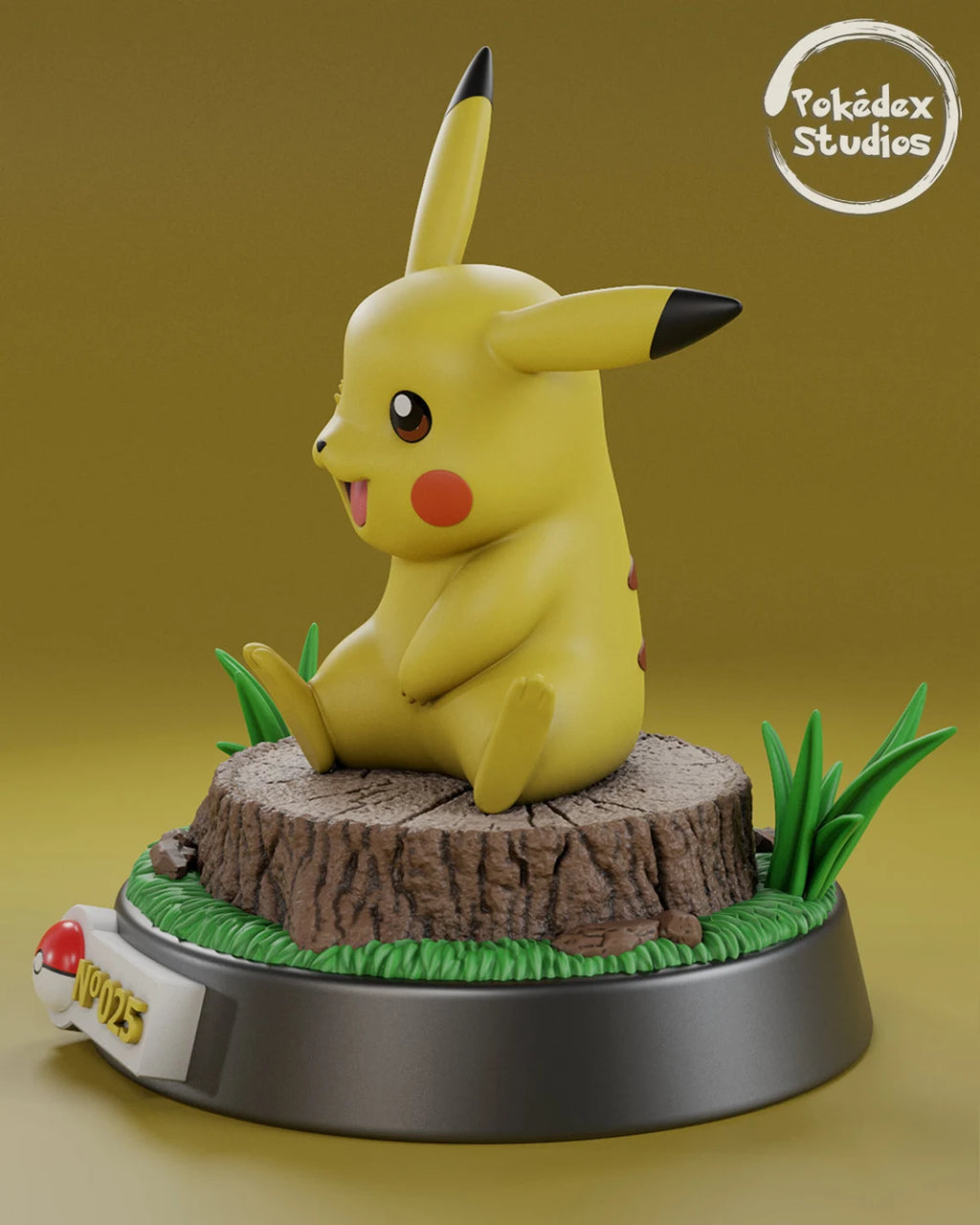 Yellow Pikachu figurine on a wooden stump with grass, against a yellow background, featuring 'Pokédex Studios' logo.