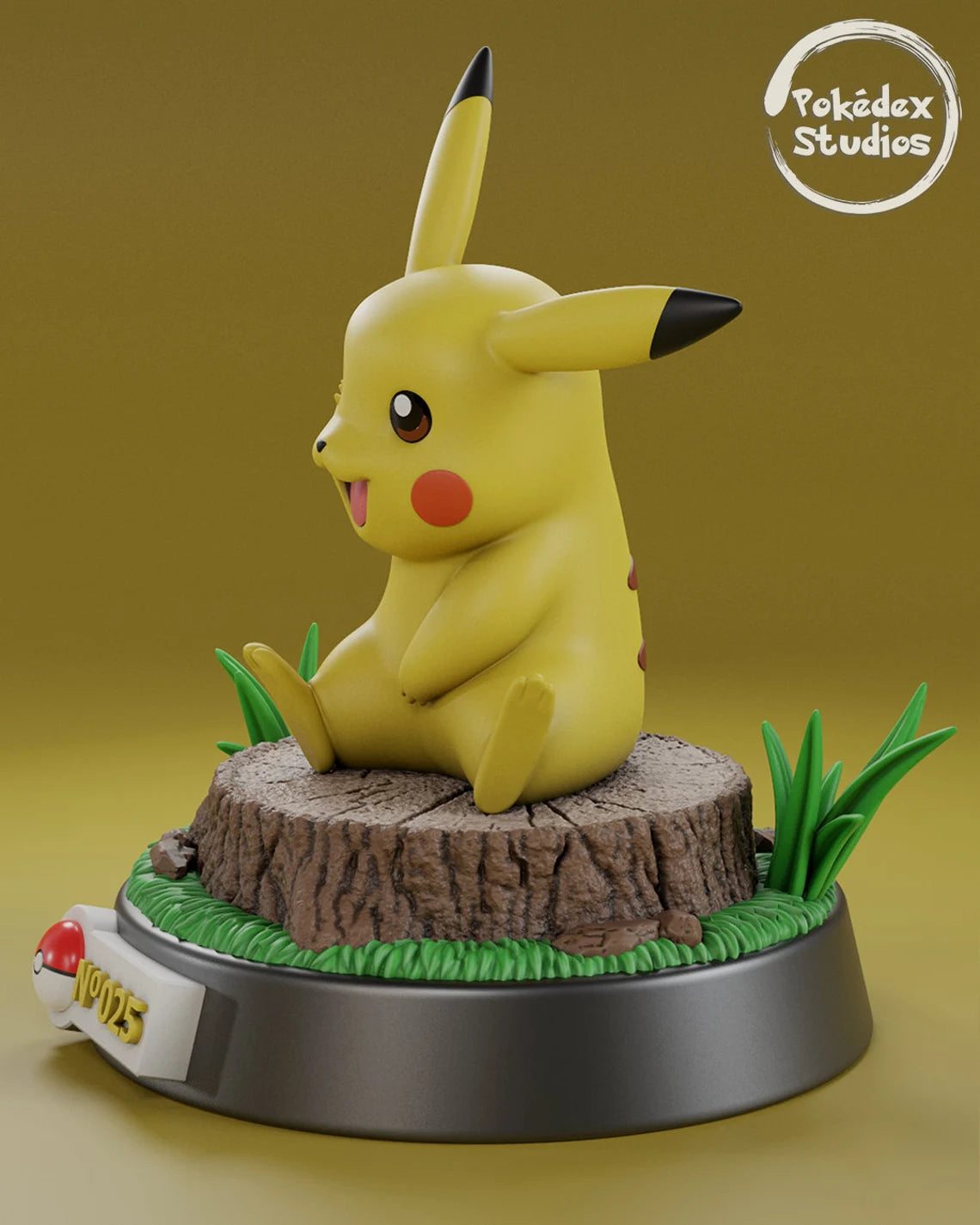 Yellow Pikachu figurine on a wooden stump with grass, against a yellow background, featuring 'Pokédex Studios' logo.