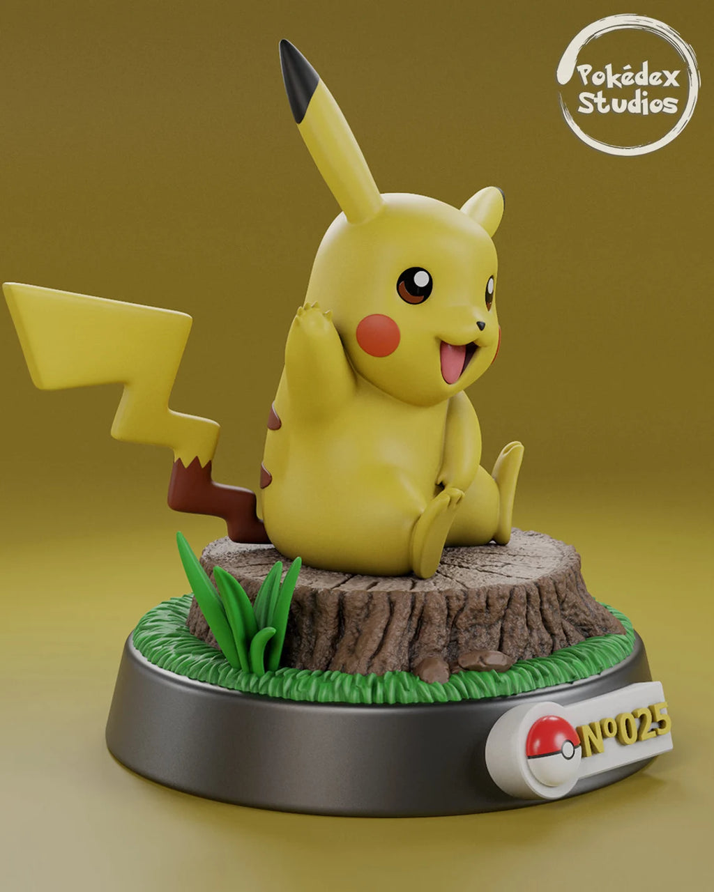 Pikachu figurine on a stump with grass and a Poké Ball, branded 'Pokédex Studios'.