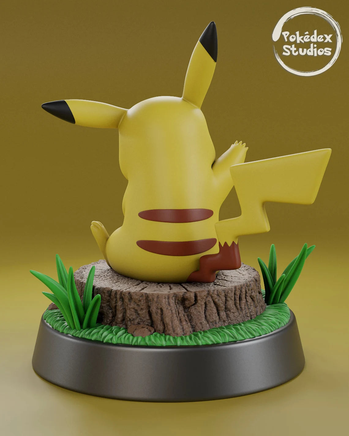 Pikachu figurine on a grassy base with a Pokédex Studios logo in the corner.