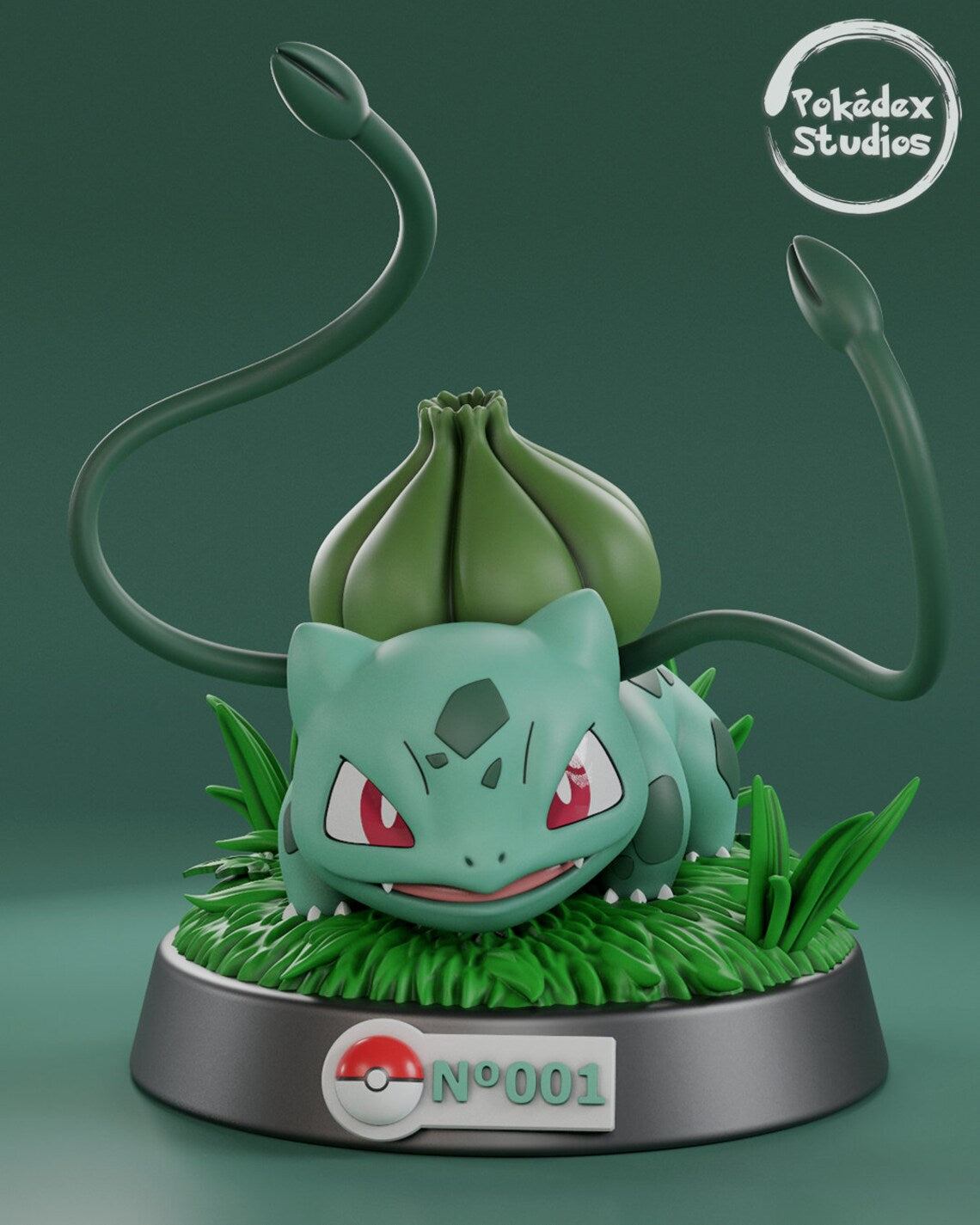 Green creature figurine with red eyes on a green background, featuring 'Pokédex Studios' logo.