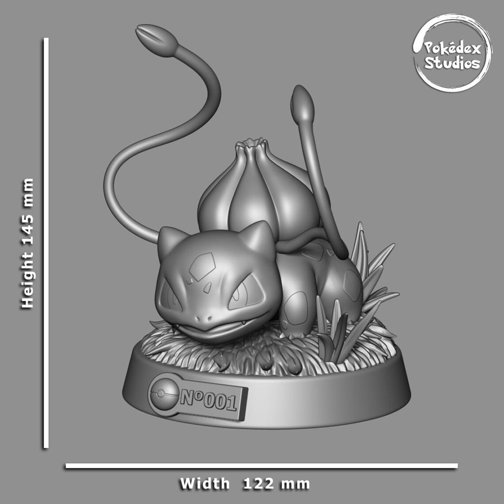 Gray 3D printed model of a creature with measurements and 'Pokédex Studios' branding.