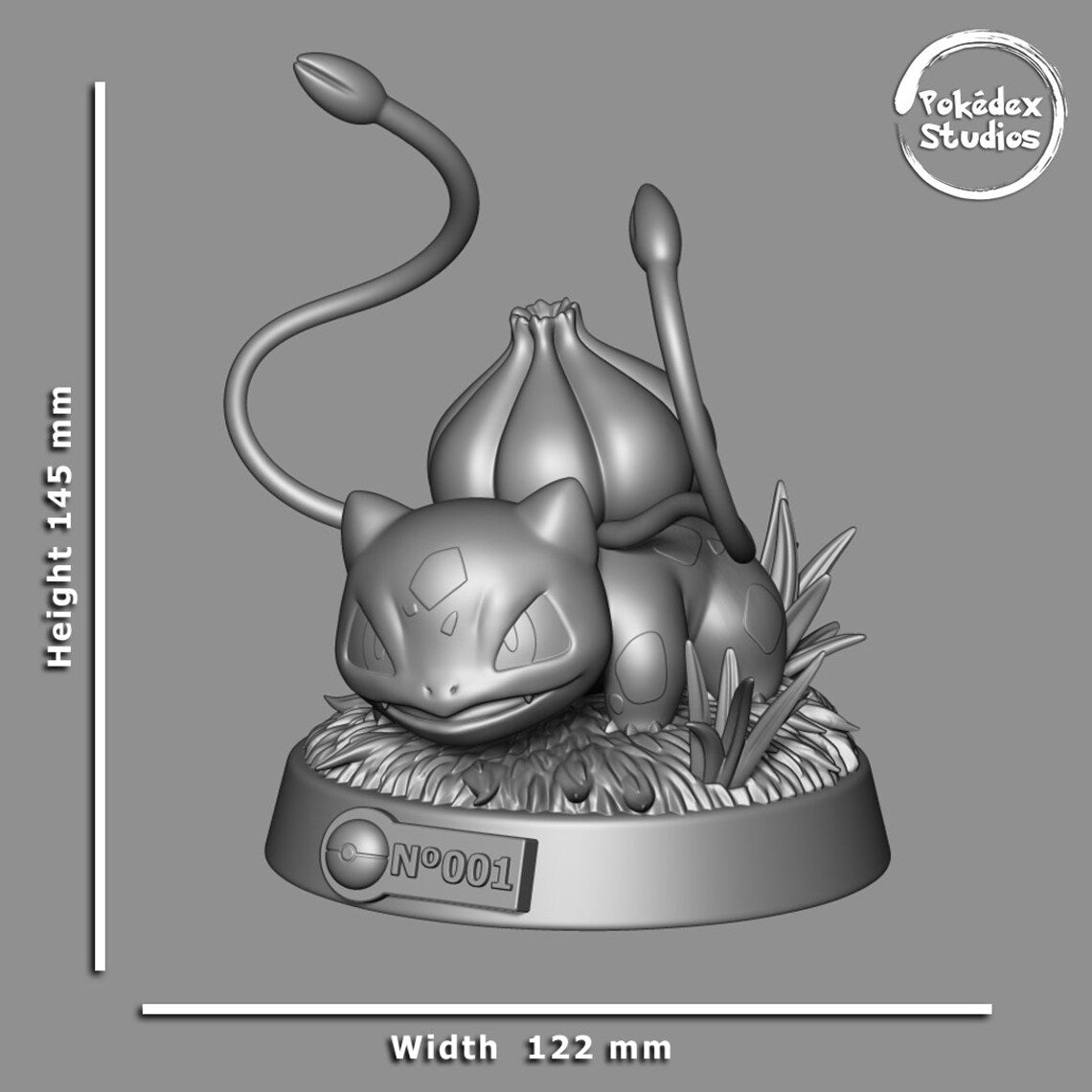 Gray 3D printed model of a creature with measurements and 'Pokédex Studios' branding.
