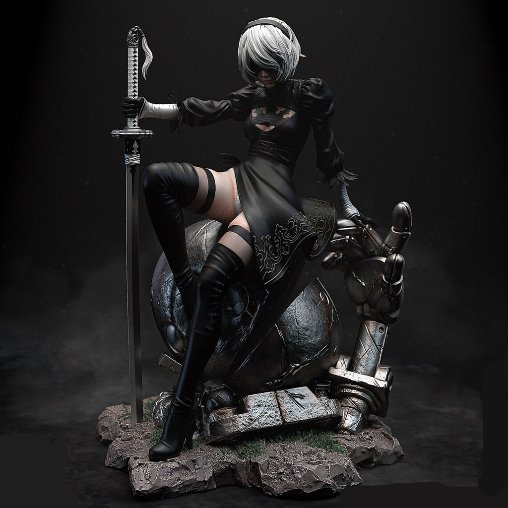 Statue of a character with white hair and black outfit holding a sword on a dark background