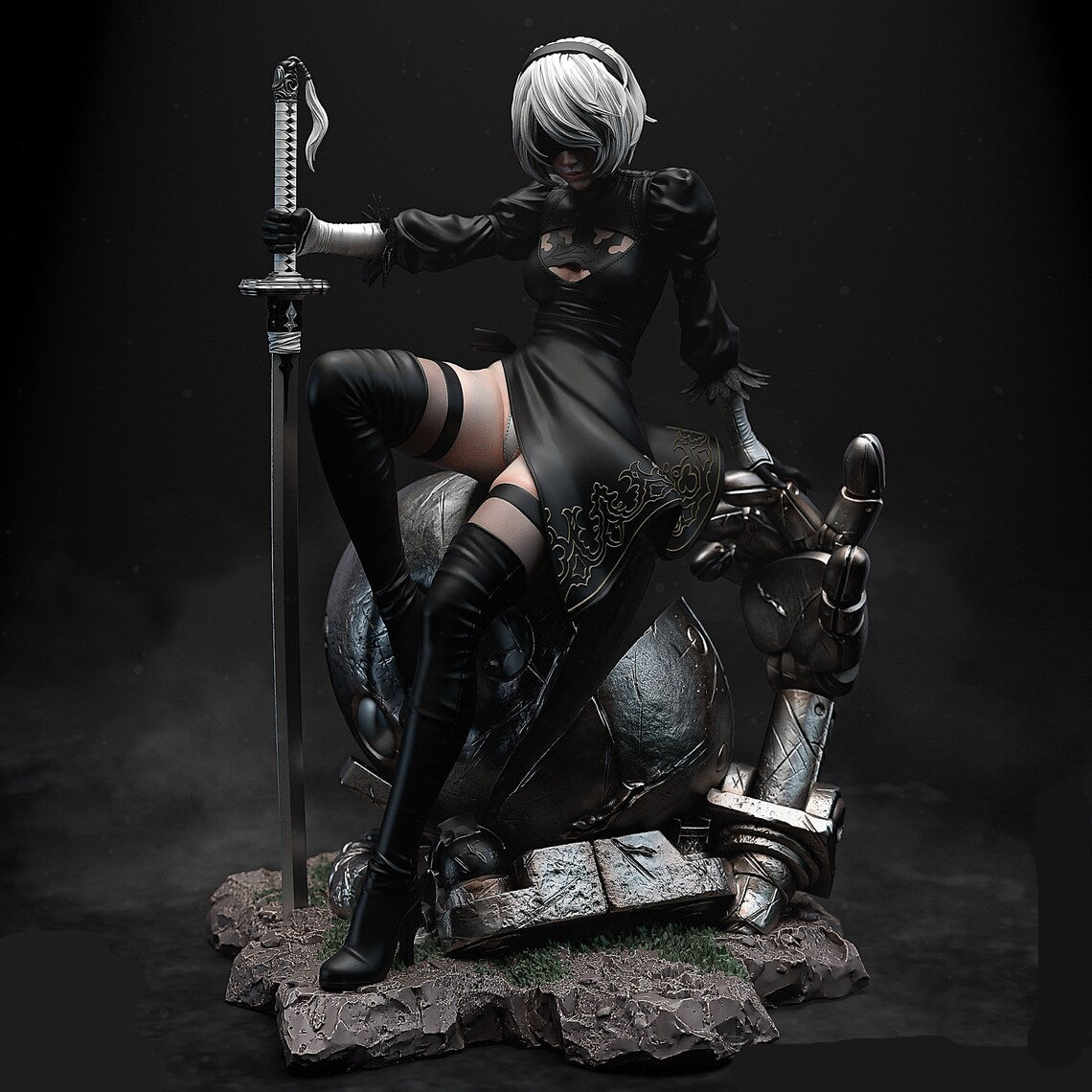 Statue of a character with white hair and black outfit holding a sword on a dark background