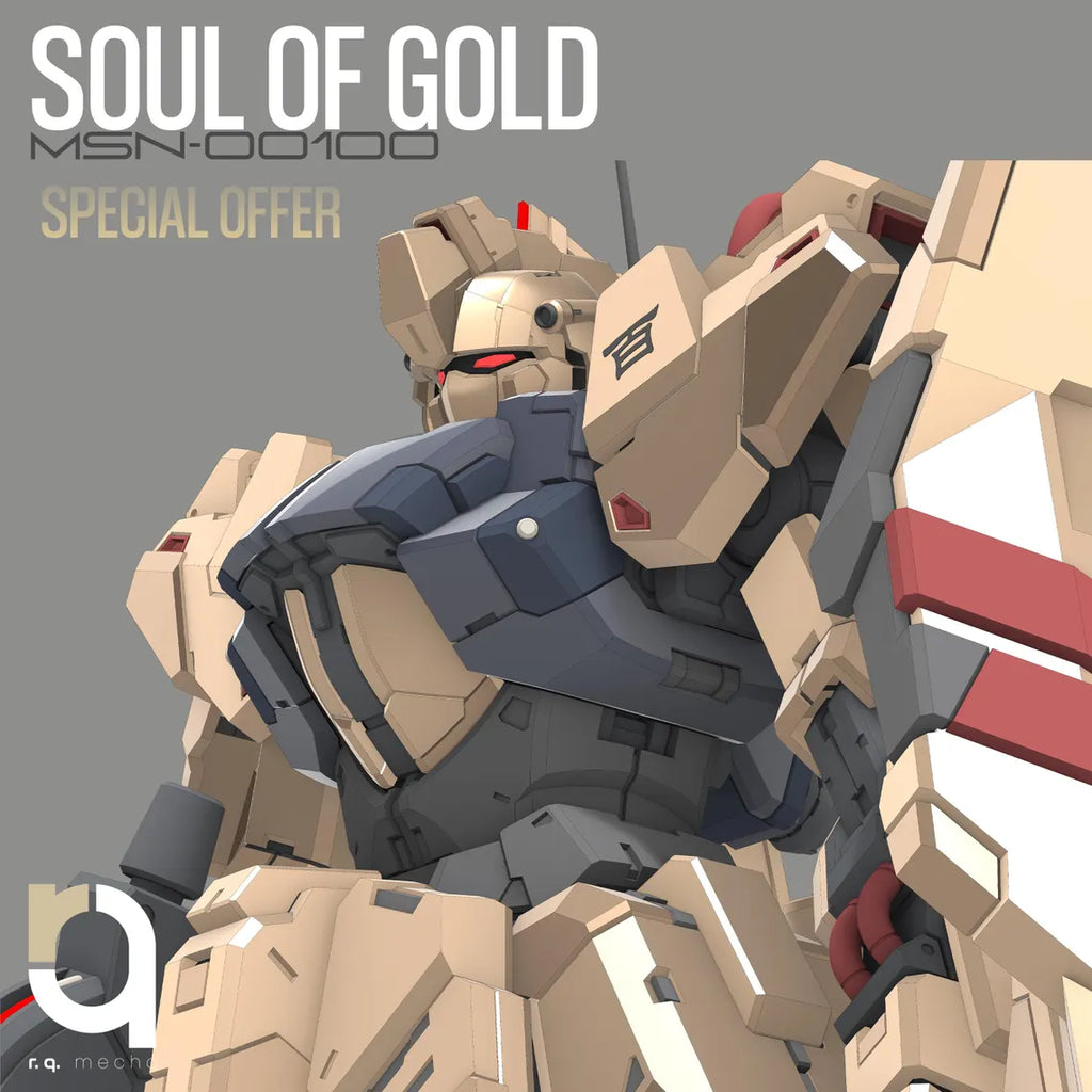 Mechanical robot model with 'Soul of Gold' text on a gray background