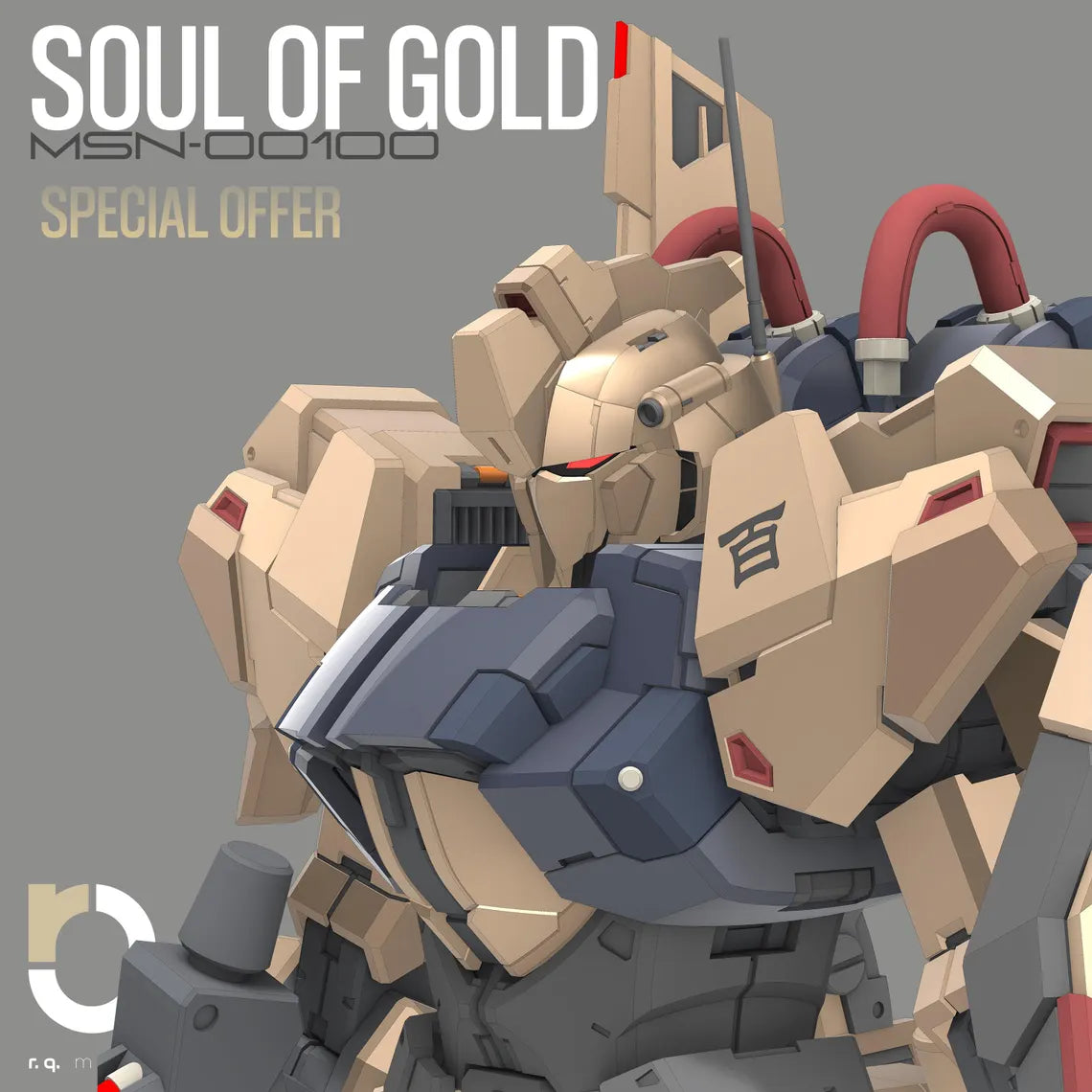 Mechanical robot model with 'Soul of Gold' text on a gray background