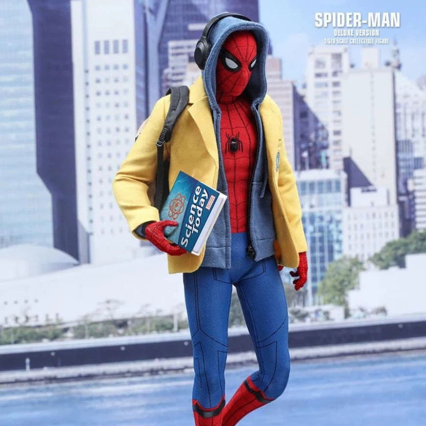 Person in Spider-Man costume with a cityscape background