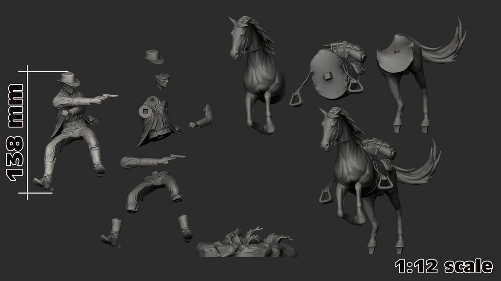 Model kit components including figures and horses on a gray background with scale measurement.