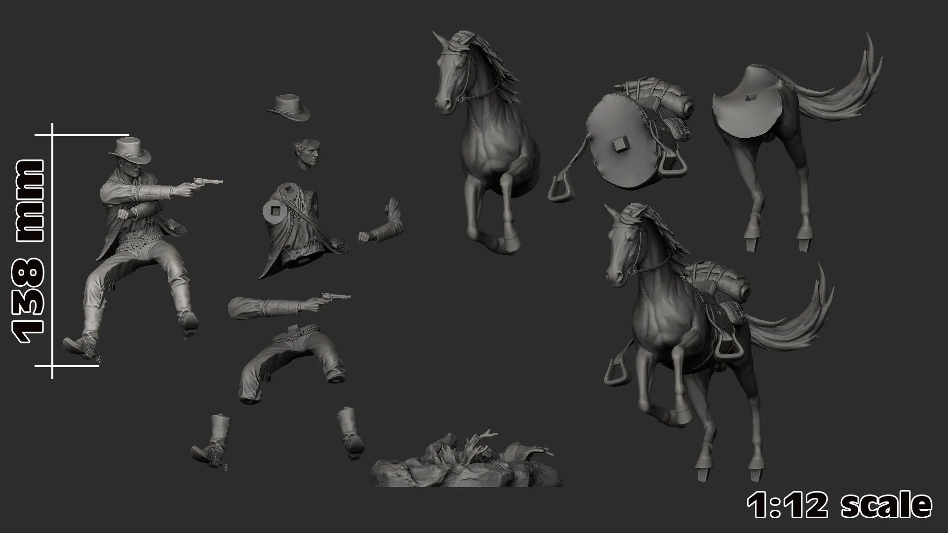 Model kit components including figures and horses on a gray background with scale measurement.