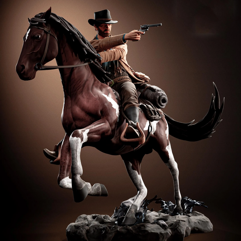 Statue of a cowboy on horseback with a gun, set against a dark background