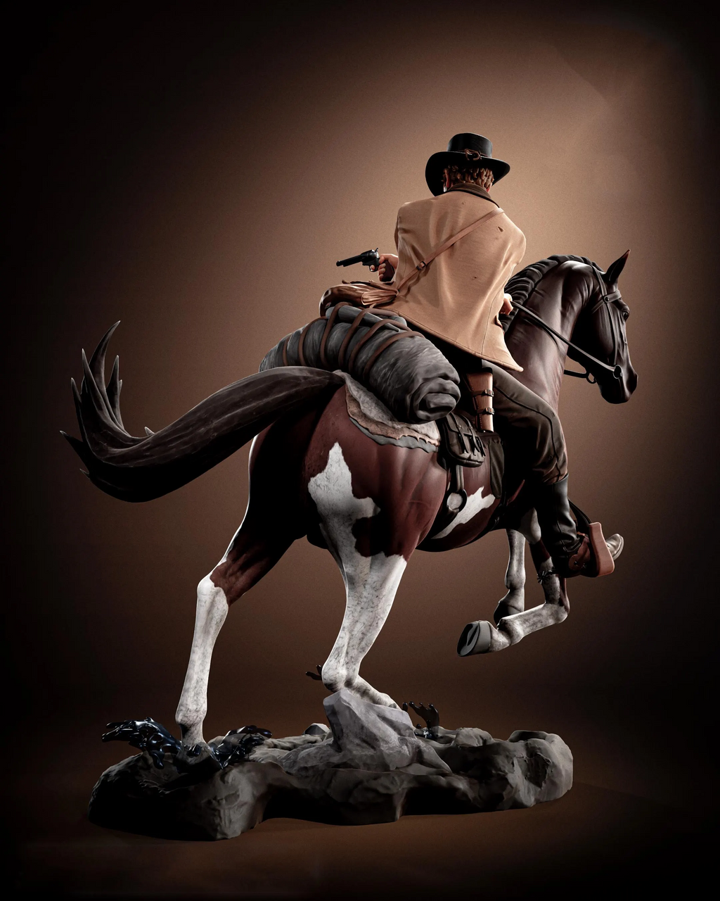 Statue of a cowboy riding a horse on a dark background