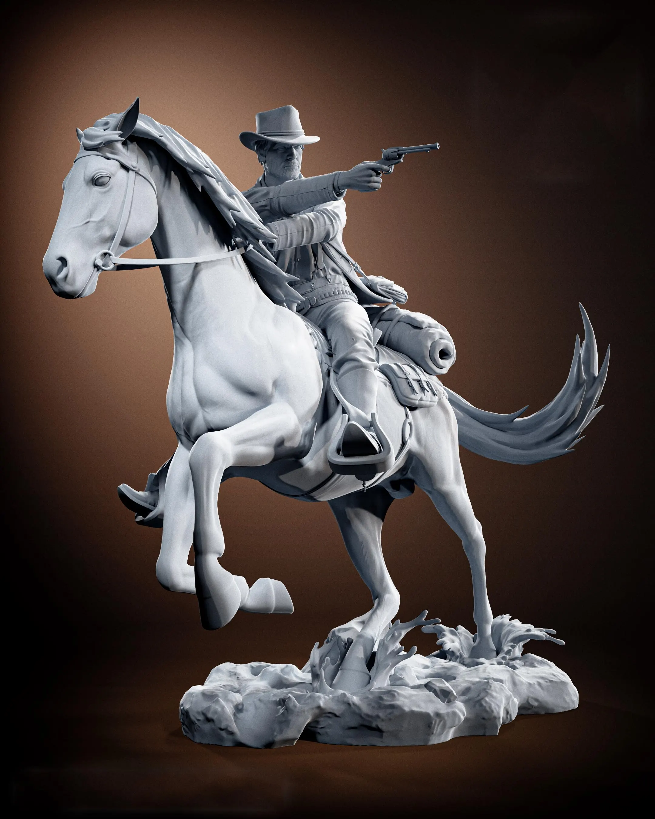 Statue of a cowboy on horseback with a gun against a brown background