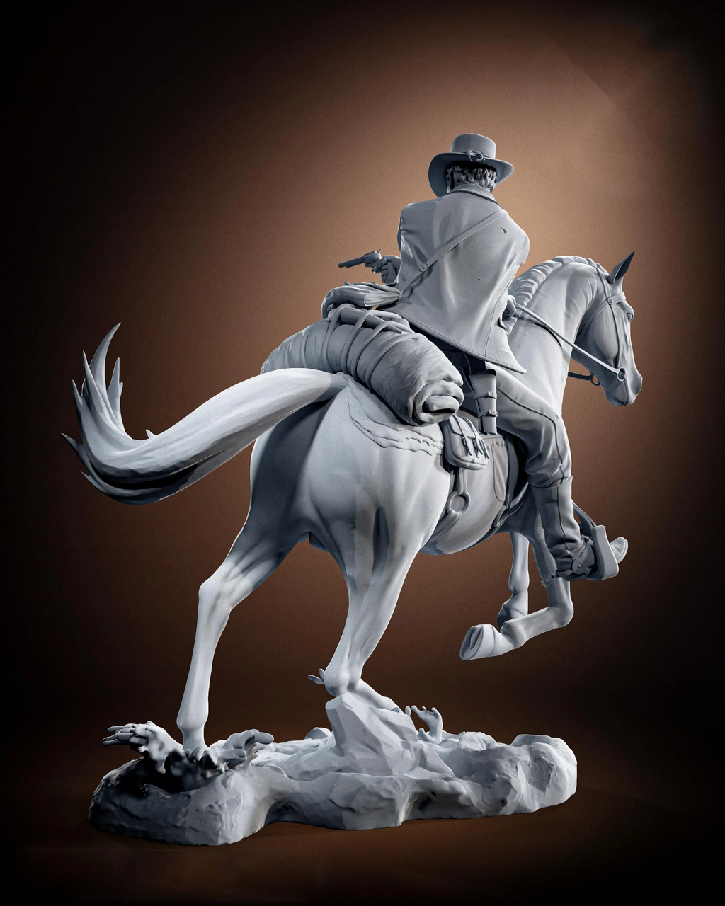 Statue of a man on horseback against a dark background