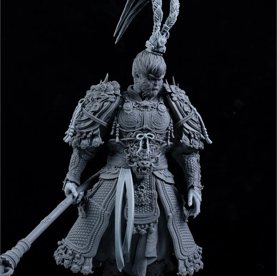 Gray-scale figurine of a warrior with intricate details on a black background